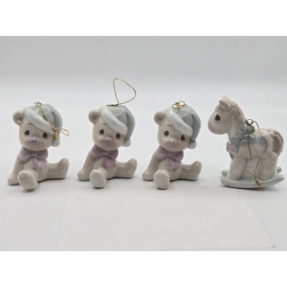 4 Precious Moments Ornaments Lot Set Bear Rocking Horse Ceramic Glass Vtg